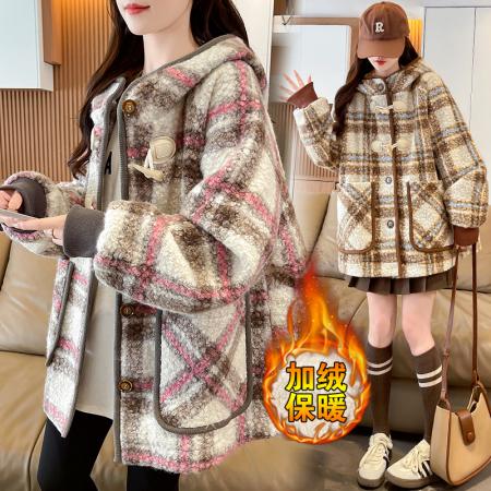 FA51576# 冬季新款加绒加厚羊圈呢羊羔毛韩版休闲宽松牛角扣国潮外套 服裝批發女裝批發服飾貨源