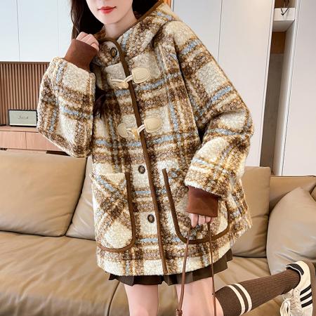 FA51576# 冬季新款加绒加厚羊圈呢羊羔毛韩版休闲宽松牛角扣国潮外套 服裝批發女裝批發服飾貨源