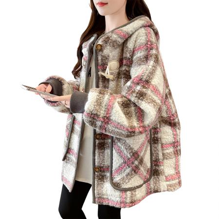 FA51576# 冬季新款加绒加厚羊圈呢羊羔毛韩版休闲宽松牛角扣国潮外套 服裝批發女裝批發服飾貨源