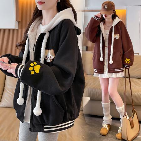 FA51577# 加绒加厚宽松型青少年外套新款刺绣拼色休闲夹克初高中生上衣 服裝批發女裝批發服飾貨源