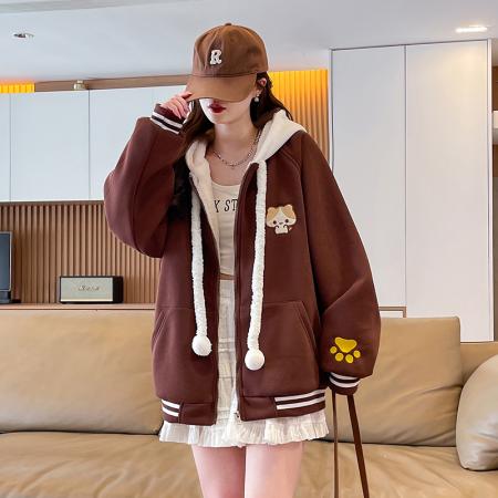 FA51577# 加绒加厚宽松型青少年外套新款刺绣拼色休闲夹克初高中生上衣 服裝批發女裝批發服飾貨源