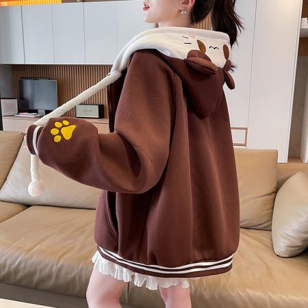 FA51577# 加绒加厚宽松型青少年外套新款刺绣拼色休闲夹克初高中生上衣 服裝批發女裝批發服飾貨源