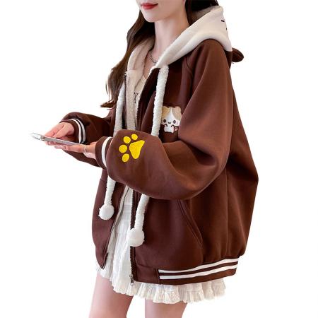 FA51577# 加绒加厚宽松型青少年外套新款刺绣拼色休闲夹克初高中生上衣 服裝批發女裝批發服飾貨源