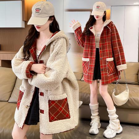 FA51578# 冬季新款圣诞红格双面穿格子毛绒外套冬季拜年服女羊羔毛呢潮 服裝批發女裝批發服飾貨源