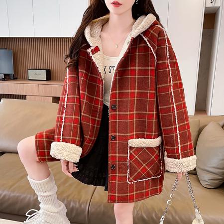 FA51578# 冬季新款圣诞红格双面穿格子毛绒外套冬季拜年服女羊羔毛呢潮 服裝批發女裝批發服飾貨源