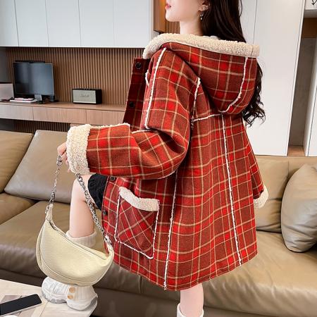 FA51578# 冬季新款圣诞红格双面穿格子毛绒外套冬季拜年服女羊羔毛呢潮 服裝批發女裝批發服飾貨源