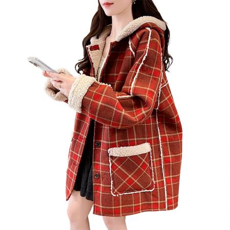 FA51578# 冬季新款圣诞红格双面穿格子毛绒外套冬季拜年服女羊羔毛呢潮 服裝批發女裝批發服飾貨源