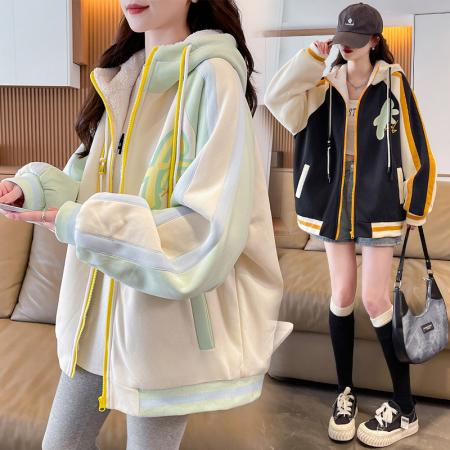 FA51579# 加绒加厚宽松型青少年外套新款印花拼色休闲夹克初高中生上衣 服裝批發女裝批發服飾貨源