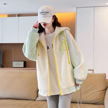 FA51579# 加绒加厚宽松型青少年外套新款印花拼色休闲夹克初高中生上衣 服裝批發女裝批發服飾貨源