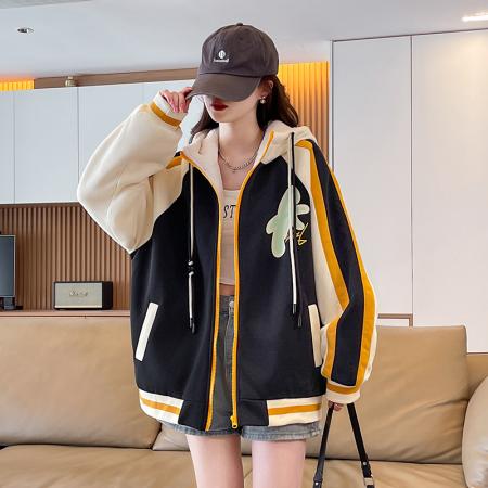 FA51579# 加绒加厚宽松型青少年外套新款印花拼色休闲夹克初高中生上衣 服裝批發女裝批發服飾貨源