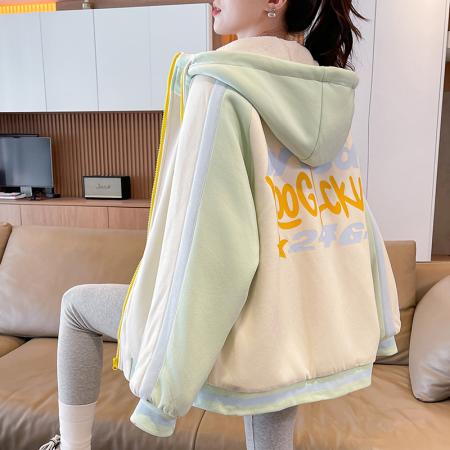 FA51579# 加绒加厚宽松型青少年外套新款印花拼色休闲夹克初高中生上衣 服裝批發女裝批發服飾貨源