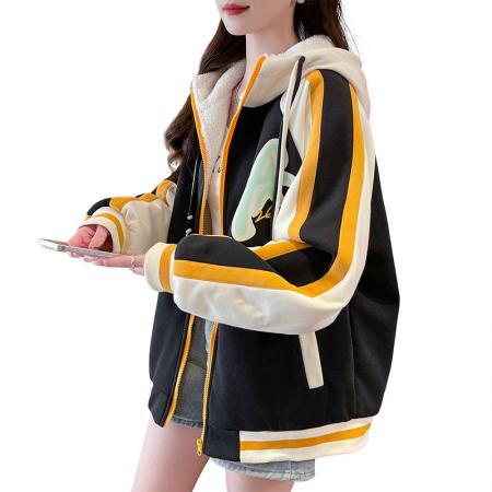 FA51579# 加绒加厚宽松型青少年外套新款印花拼色休闲夹克初高中生上衣 服裝批發女裝批發服飾貨源