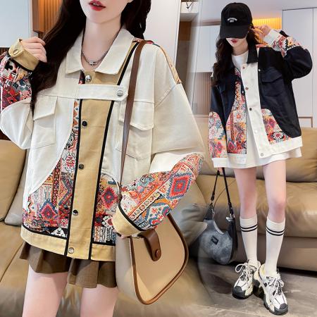 FA51580# 秋季新款撞色提花绣花国潮风高级感休闲韩版夹克棒球服女外套 服裝批發女裝批發服飾貨源