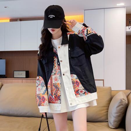 FA51580# 秋季新款撞色提花绣花国潮风高级感休闲韩版夹克棒球服女外套 服裝批發女裝批發服飾貨源