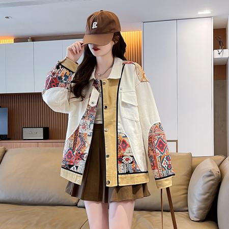 FA51580# 秋季新款撞色提花绣花国潮风高级感休闲韩版夹克棒球服女外套 服裝批發女裝批發服飾貨源