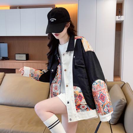 FA51580# 秋季新款撞色提花绣花国潮风高级感休闲韩版夹克棒球服女外套 服裝批發女裝批發服飾貨源