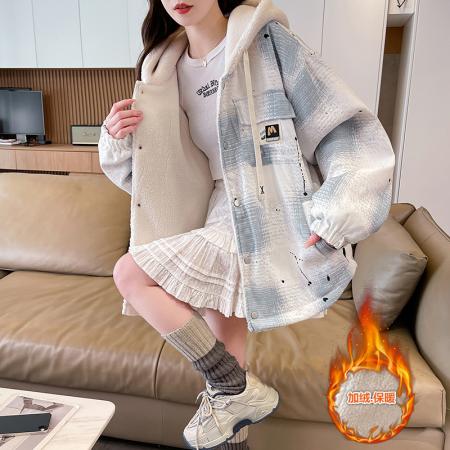 FA51581# 慵懒风夹棉加厚少女秋冬新款初中高中学生设计感连帽夹克 服裝批發女裝批發服飾貨源