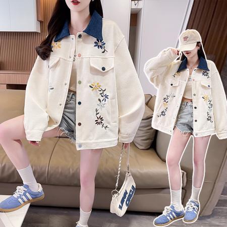 FA51582# 春美式复古巴恩风花卉刺绣拼色工装翻领夹克外套女 服裝批發女裝批發服飾貨源