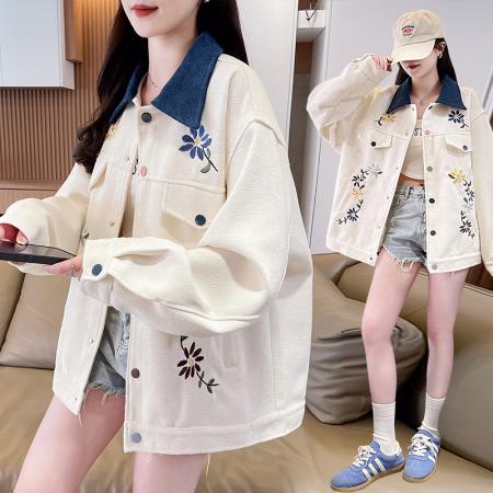 FA51582# 春美式复古巴恩风花卉刺绣拼色工装翻领夹克外套女 服裝批發女裝批發服飾貨源