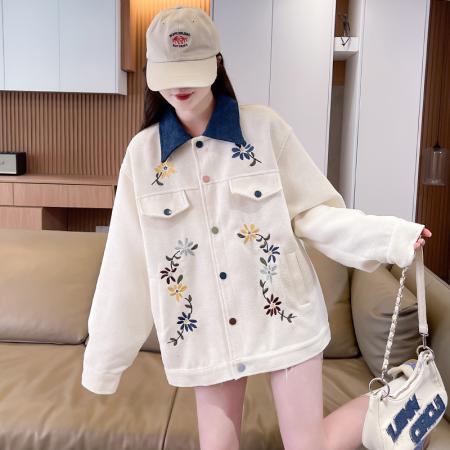 FA51582# 春美式复古巴恩风花卉刺绣拼色工装翻领夹克外套女 服裝批發女裝批發服飾貨源