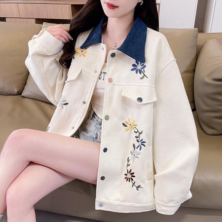 FA51582# 春美式复古巴恩风花卉刺绣拼色工装翻领夹克外套女 服裝批發女裝批發服飾貨源