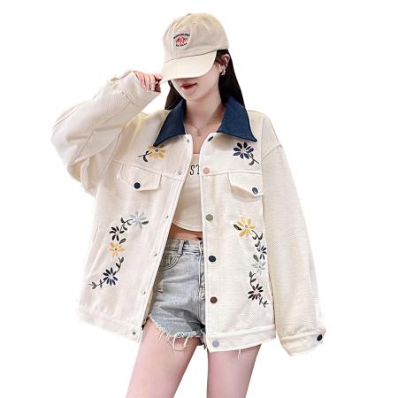FA51582# 春美式复古巴恩风花卉刺绣拼色工装翻领夹克外套女 服裝批發女裝批發服飾貨源