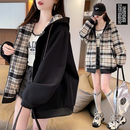 FA51583# 双面穿外套少女春秋装新款初中高中学生休闲格子宽松 服裝批發女裝批發服飾貨源