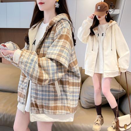 FA51583# 双面穿外套少女春秋装新款初中高中学生休闲格子宽松 服裝批發女裝批發服飾貨源