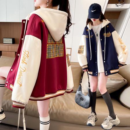 FA51586# 美式撞色春秋款重工刺绣新款高街连帽宽松棒球服夹克上衣 服裝批發女裝批發服飾貨源