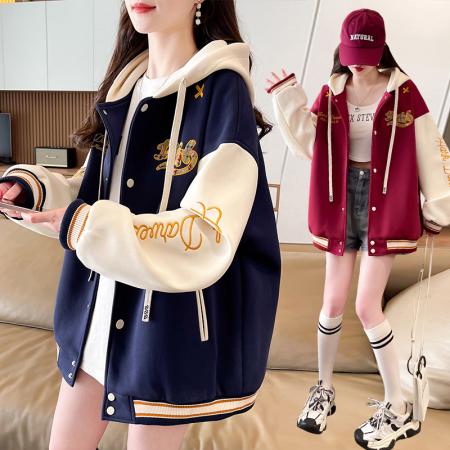 FA51586# 美式撞色春秋款重工刺绣新款高街连帽宽松棒球服夹克上衣 服裝批發女裝批發服飾貨源