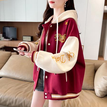 FA51586# 美式撞色春秋款重工刺绣新款高街连帽宽松棒球服夹克上衣 服裝批發女裝批發服飾貨源