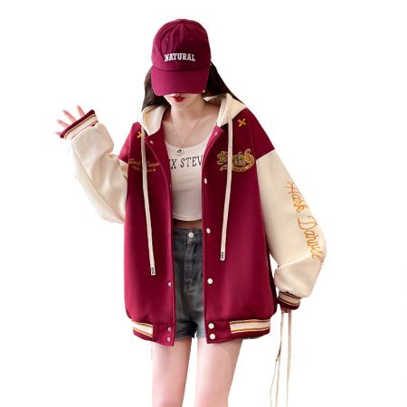 FA51586# 美式撞色春秋款重工刺绣新款高街连帽宽松棒球服夹克上衣 服裝批發女裝批發服飾貨源