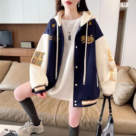 FA51586# 美式撞色春秋款重工刺绣新款高街连帽宽松棒球服夹克上衣 服裝批發女裝批發服飾貨源
