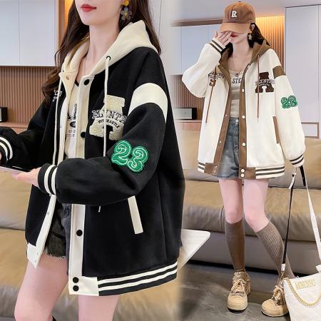 FA51587# 春季新款宽松型青少年外套针织刺绣拼色休闲夹克初高中生上衣 服裝批發女裝批發服飾貨源