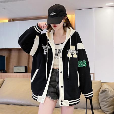 FA51587# 春季新款宽松型青少年外套针织刺绣拼色休闲夹克初高中生上衣 服裝批發女裝批發服飾貨源