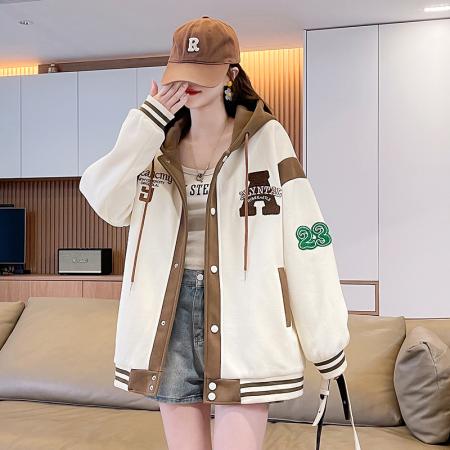 FA51587# 春季新款宽松型青少年外套针织刺绣拼色休闲夹克初高中生上衣 服裝批發女裝批發服飾貨源