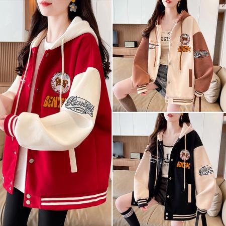 FA51588# 春季新款宽松型青少年外套针织刺绣拼色休闲夹克初高中生上衣 服裝批發女裝批發服飾貨源