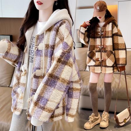 FA51589# 冬季新款加绒加厚羊圈呢羊羔毛韩版休闲宽松牛角扣国潮外套 服裝批發女裝批發服飾貨源