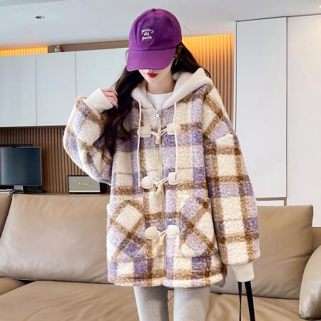 FA51589# 冬季新款加绒加厚羊圈呢羊羔毛韩版休闲宽松牛角扣国潮外套 服裝批發女裝批發服飾貨源