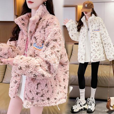 FA51590# 冬季新款小草莓花夹棉加厚软糯仿兔毛宽松田园森女棉衣外套女 服裝批發女裝批發服飾貨源