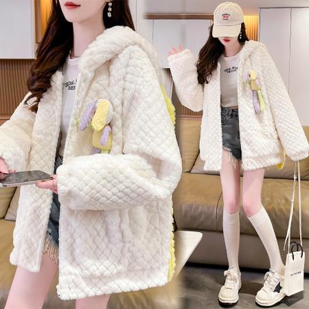 FA51591# 冬季新款日系可爱学院风加绒加厚菱形宽松型玩偶兔毛外套 服裝批發女裝批發服飾貨源