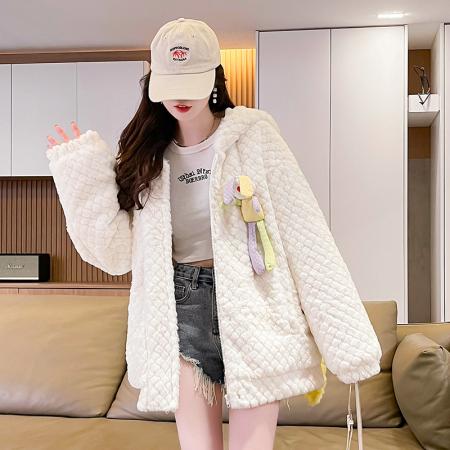 FA51591# 冬季新款日系可爱学院风加绒加厚菱形宽松型玩偶兔毛外套 服裝批發女裝批發服飾貨源