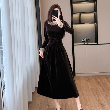 FA51593# 秋冬新款天丝圆领冬日氛围感气质收腰连衣裙