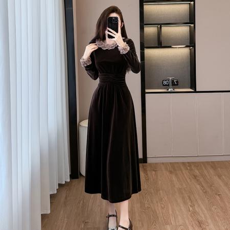 FA51593# 秋冬新款天丝圆领冬日氛围感气质收腰连衣裙