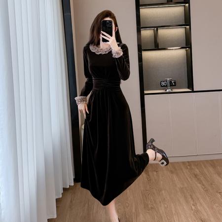 FA51593# 秋冬新款天丝圆领冬日氛围感气质收腰连衣裙