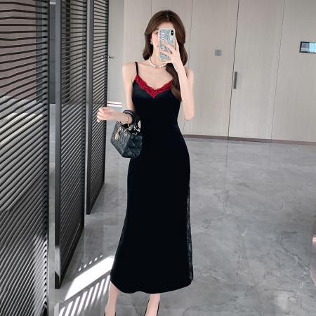 FA51594# 黑玫夜蕾'辣妹蕾丝丝绒连衣裙女秋冬季法式包臀吊带长裙