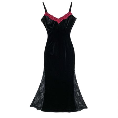 FA51594# 黑玫夜蕾'辣妹蕾丝丝绒连衣裙女秋冬季法式包臀吊带长裙