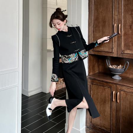 FA51596# 春季新款刺绣新中式国风复古连衣裙+新中式国风重工刺绣马甲