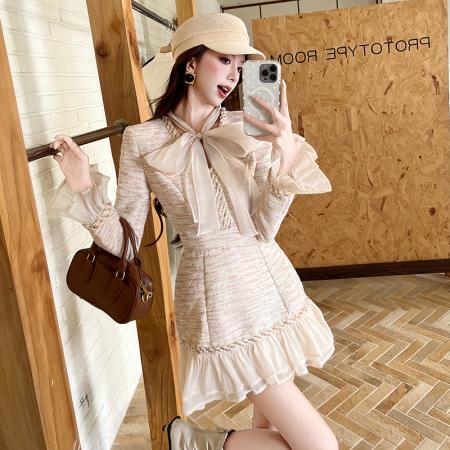 FA51597# 法式轻奢气质小香风编织收腰显瘦短款A字连衣裙