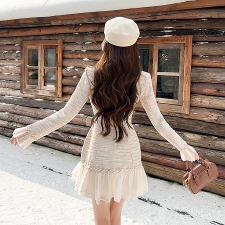 FA51597# 法式轻奢气质小香风编织收腰显瘦短款A字连衣裙